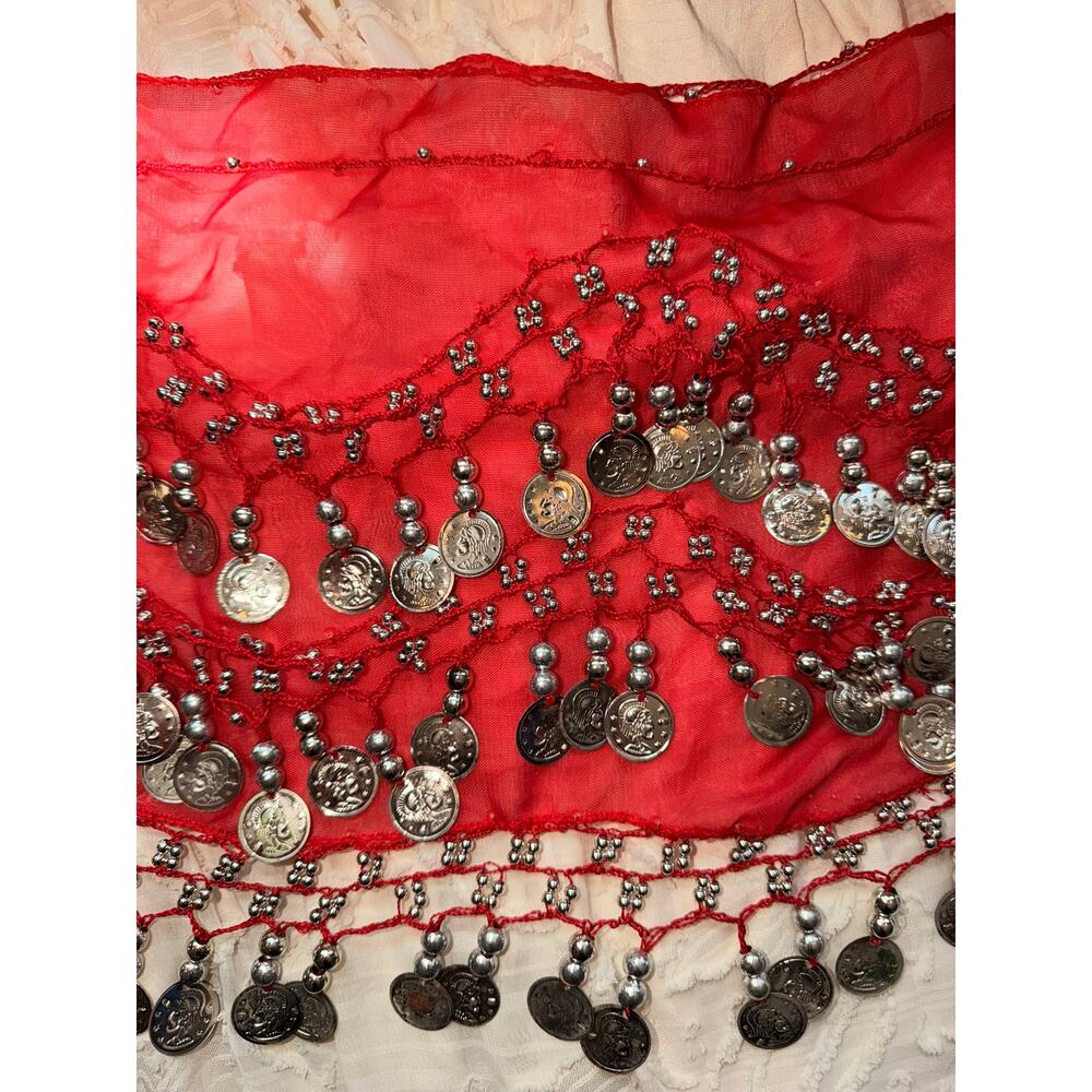 Red Belly Dance Hip Scarf Coin Wrap Sheer Chiffon Silver Tone Coins Used